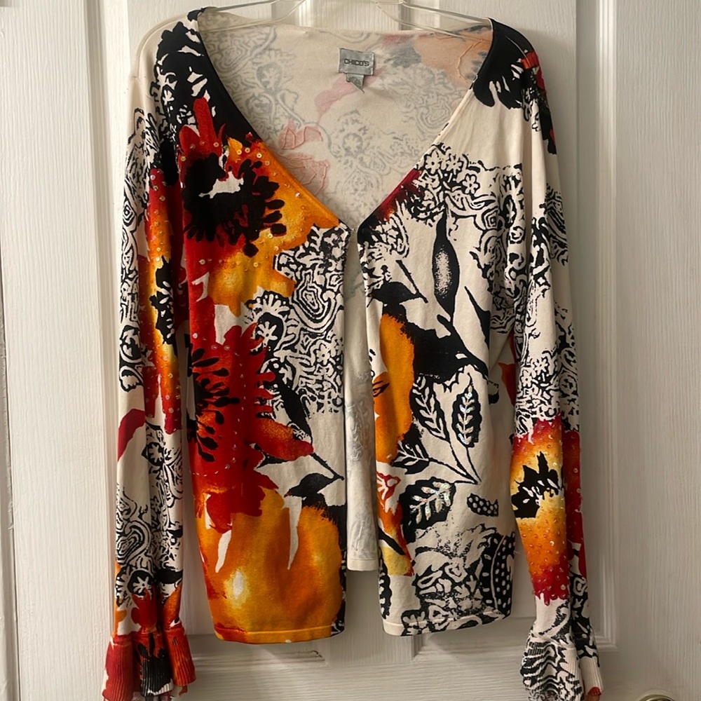 Chico's silk blend orange red black cream open front floral bell sleeve cardigan